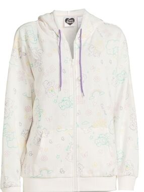 🤠🌻Care Bears White Zip-Up Hoodie with Pastel Print and Purple Drawstrings M